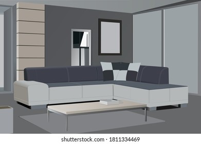 Living room realistic design with modern home theater system. Interior background with furniture, lounge & sofa, vector illustration.