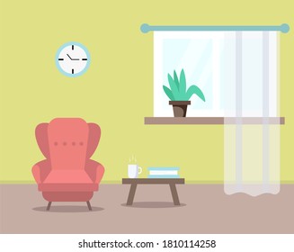 Living room with a red armchair and a coffee table. On the table is a cup of coffee and a book. Vector flat illustration.