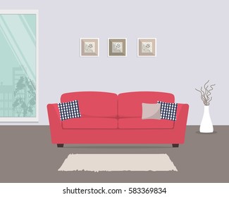 Living room with red sofa and pillows. There is also a big window, pictures and a vase in the image. Vector flat illustration.