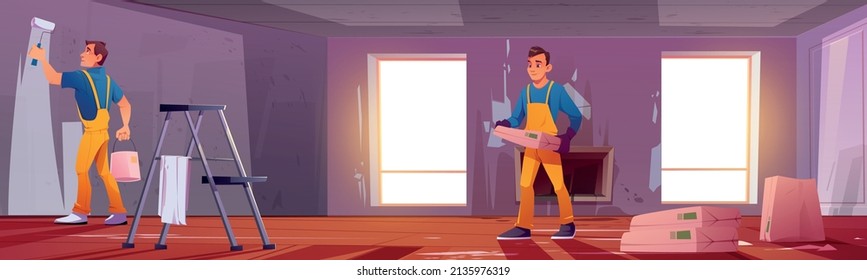 Living room renovation, repair works. Workers paint wall in house or apartment. Vector cartoon illustration of professional painter and builder with roller, ladder and putty renovating lounge interior
