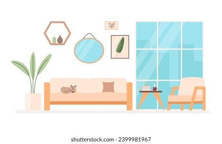Living room rest area interior with sofa, armchair, cat, books with cup of tea or coffee and window city view. Cute vector flat cartoon illustration