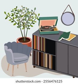 Living room retro furniture vector set for modern home interior design. Home cozy furniture. Cozy indoor decoration items, vector vinyl player and books