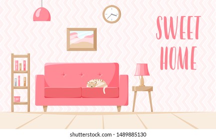 Living room in retro style, flat home illustration with sofa, lamp, books on shelf, clock, sleeping cat. Sweet home sign. Cozy interior concept, vector art and lettering