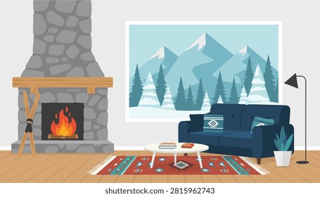 Living room with a rustic stone fireplace, blue sofa, patterned rug, floor lamp, and a large window showing a snowy mountain forest.