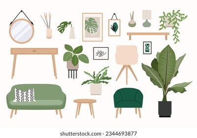 Living room scandinavian style furniture set of elements in flat style. Home jungle, many potted plants, armchair, sofa, posters illustration.