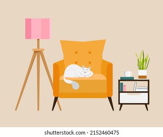 Living room scene, cat sleeping on armchair. Vector illustration in flat style, interior with lamp, coffee table and chair