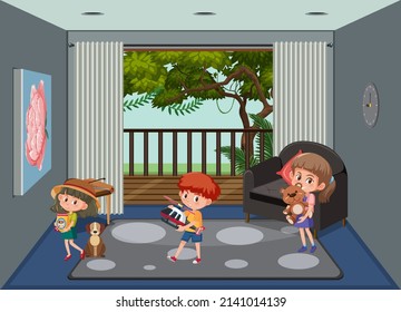 Living room scene with children cartoon character illustration