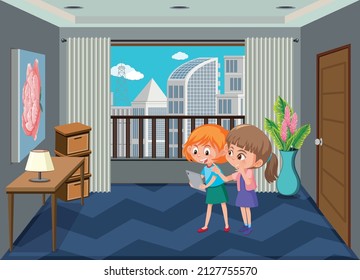 Living room scene with family members in cartoon style illustration