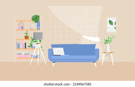 Living room scene, interior elements such as couch, bookcase, floor lamp. Vector illustration in flat style, minimal modern home