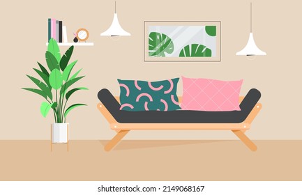 Living room scene, interior elements such as couch, potted plant, shelf. Vector illustration in flat style, minimal modern home