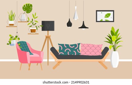 Living Room Scene, Interior Elements Such As Couch, Armchair, Lamps, Shelves, With Plants. Vector Illustration In Flat Style, Minimal Modern Home