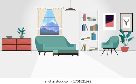 Living room scene - vector illustration of furniture in a regular home with no people. Couch, chair and interior elements. Background.