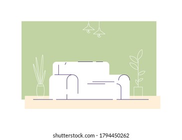 Living room semi flat vector illustration. Apartment room with comfortable sofa 2D cartoon interior for commercial use. Home decor, cozy accommodation furnishing with divan and houseplants