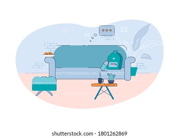 Living room semi flat vector illustration. Home office, freelancer workspace 2D cartoon interior for commercial use. Remote employee, independent worker workspace with cozy couch and coffee table
