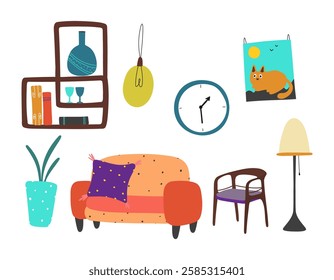Living room. Set of elements. Cartoon style drawing.