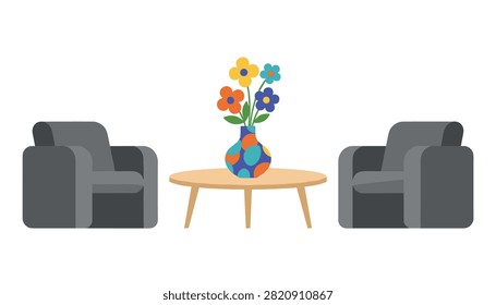 Living room setup with two gray armchairs and a small coffee table featuring a decorative flower vase.