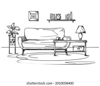 Living room sketch in black on white. Interior sketch, sofa, lamp and other furniture. Vector illustration