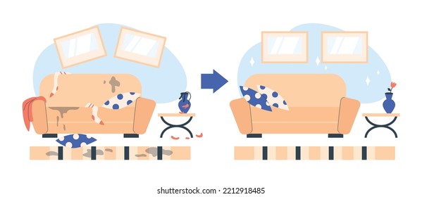 Living room with sofa before and after cleaning flat style, vector illustration isolated on white background. Household concept, dirt and mess, cleanliness