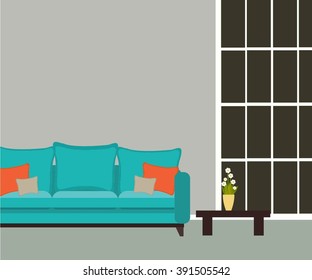 Living room with sofa and big window