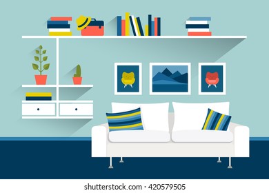 Living room with sofa and book shelves. Flat design vector illustration.