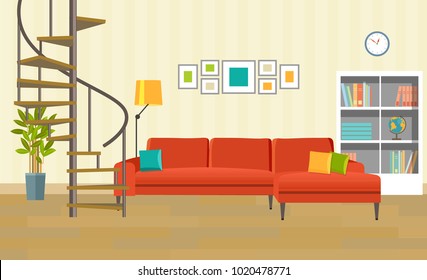 Living room with sofa, bookcase and circular staircase. Vector flat style illustration