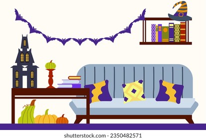 salón con sofá, biblioteca, mesa y guirnalda de murciélagos está decorado para las vacaciones de otoño. carta, cartel Concepto de decorador de interiores para una celebración. Ilustración en un estilo plano.