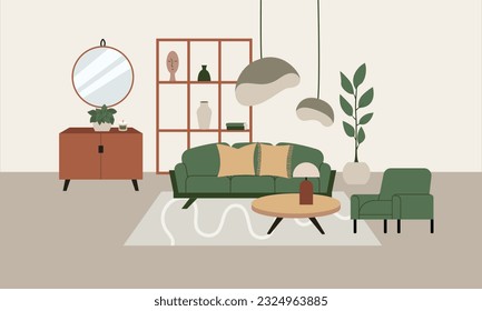 Living room with sofa, cabinet, plants and other decor. Interior design modern furniture vector flat illustration in scandinavian or japandi minimal style