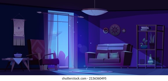 Living Room With Sofa And Chair At Night. Vector Cartoon Dark Lounge Interior In Boho Style With Couch, Armchair, Wooden Table, Rack With Plants, Dreamcatcher On Wall And Moonlight From Window