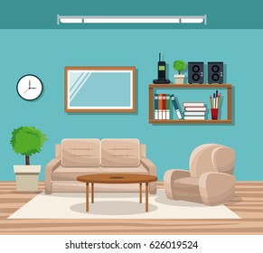 living room with sofa chair pot tree telephone bookshelf mirror table