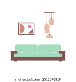 Living room with sofa, chandelier and picture. Flat style vector icon. Furniture interior design