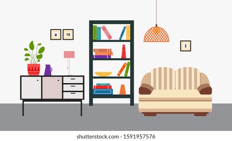 Living room with sofa or comfortable couch and open bookshelves interior in retro style, flat vector illustration. Indoor house background with furniture.