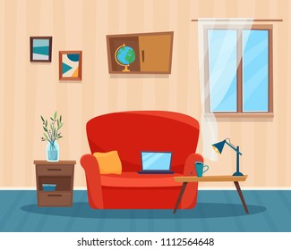 Living room with sofa, computer and table. Cartoon flat style vector illustration.