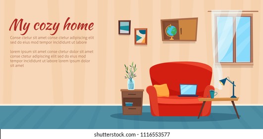 Living room with sofa, computer and table. Cartoon flat style vector illustration.