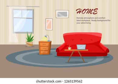 Living room with sofa, computer and table. Cartoon flat style vector illustration.