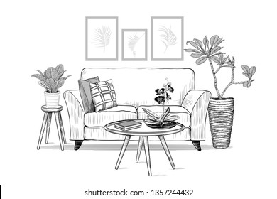 
Living room. Sofa with cushions, exotic indoor plants, round coffee table with books and orchid in a pot . Vector interior sketch.