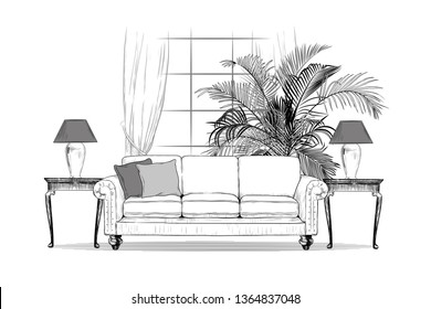 Living room. Sofa with cushions, lamps on the tables and indoor palm tree against the window with curtains.
Hand-drawn vector illustration . Interior sketch.