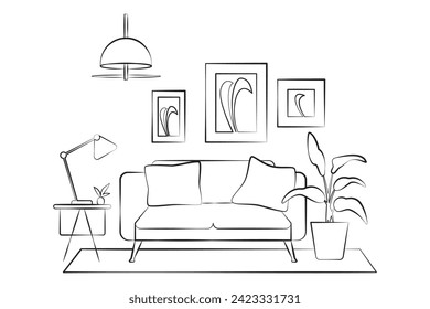 Living room with sofa and decorative pillows. Carpet, paintings, floor lamp and flowerpot. Linear style.