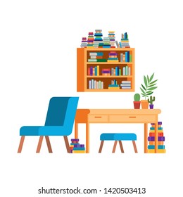 living room with sofa and desk with books