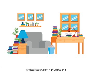 living room with sofa and desk with books