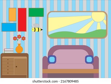 Living room, Sofa, Flat Vector Illustration.