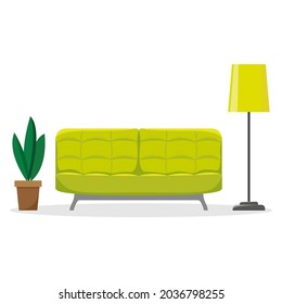 Living room with sofa, floor lamp and houseplant. Vector illustration in flat style on a white background.