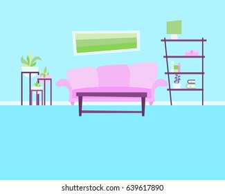 Living room with sofa and flowers. Flat design. Vector illustration