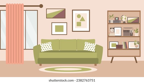 Living room with sofa, home plants on the bedside table, window, bookshelf and paintings on the wall. Flat interior in minimal style, vector