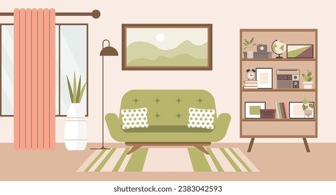 Living room with sofa, house plants, bedside table, window with curtains, bookcase and paintings on the wall. Flat interior in minimal style, vector