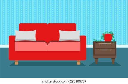 Living room with sofa interior design illustration. Sofa with table and night lamp.