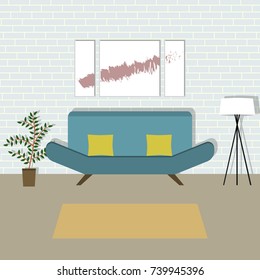 Living room with sofa and lamp. Loft interior. Vector flat style illustration