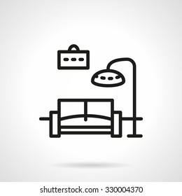 Living room with sofa, lamp and picture. Symbols for housing, mortgage, hotel. Black simple line vector icon. Design elements for site, business or mobile.