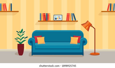 Living room with sofa, lamp, plant and bookshelf. Warm room with sofa. Concept  of cozy home. Vector illustration  in flat style.  