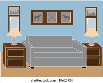 Living room with sofa, lamps and framed pictures on wall