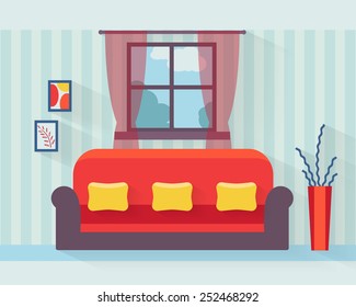 Living room with sofa and long shadows. Flat style vector illustration.